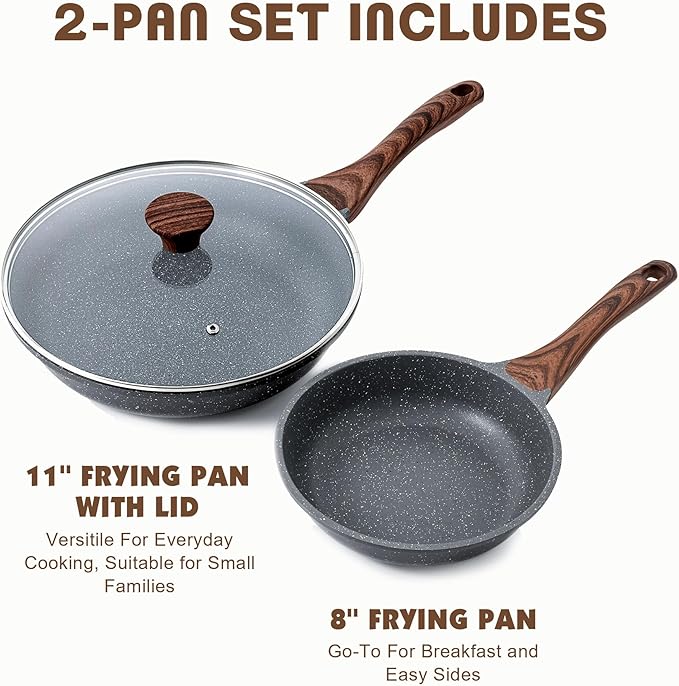 SENSARTE Nonstick Frying Pan Skillets Swiss Granite Coating Omelette Pans Healthy Cookware Chef's Pan Free of Intentionally Added PFOA (8+11Inch with Lid)