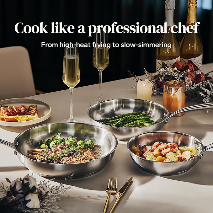 Redchef Stainless Steel Skillet Stainless Steel Frying Pan Professional Uncoated Frying Pan Healthy Induction Cookware for Searing &amp Sautéing Warp-Resistant Bonded Bottom Oven Safe Pan 9.5 I