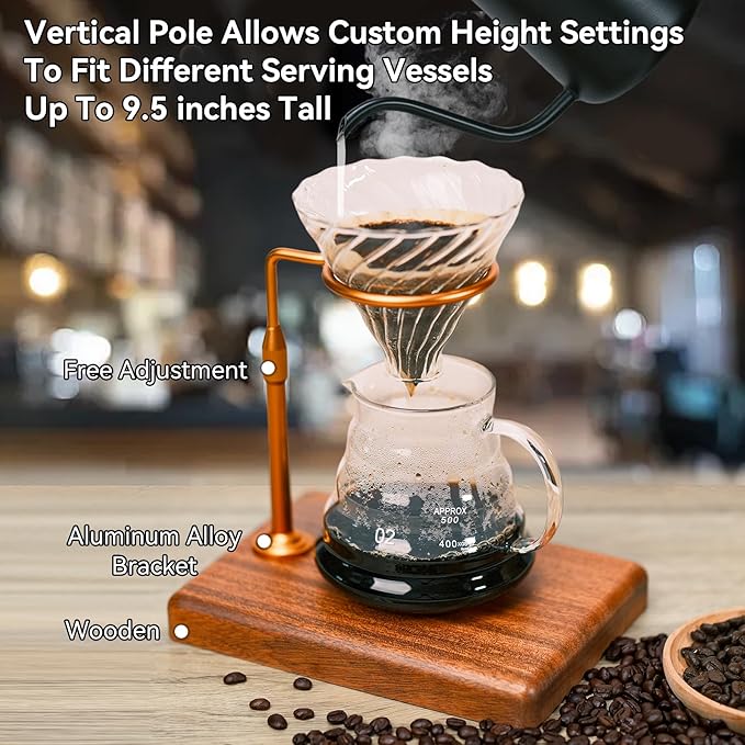Pour Over Coffee Maker with Adjustable Stand &amp Wooden Base Dripper Stand for Manual Coffee Brewing Coffee Filter Holder Tea Strainer Stand for Home Café Restaurant Camping Golden