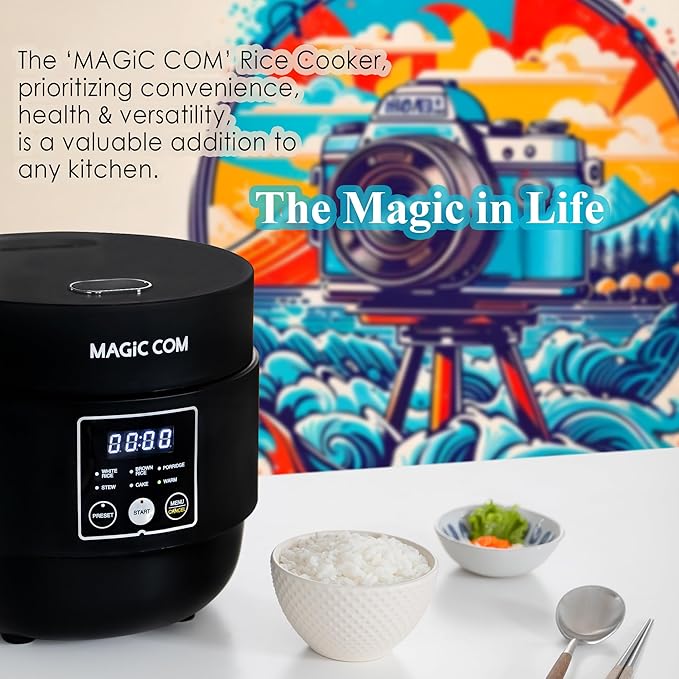 MAGiC COM Rice Cooker 4 Cup Uncooked (8 Cup Cooked) Small Digital Multi-Cooker with Steamer 24H Delay Timer Automatic Keep Warm Non-Stick Pot Perfect for Dorm Travel Single Serve (Black)