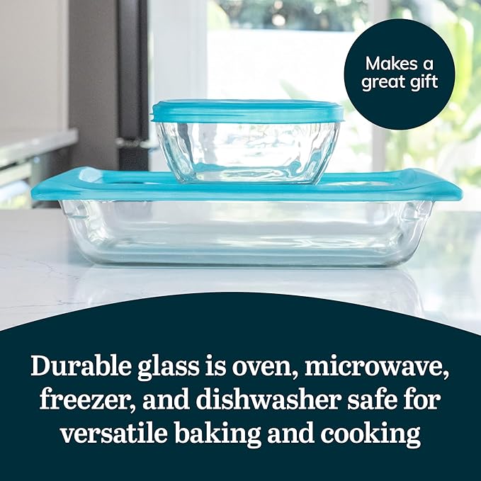 Libbey Baker’s Premium 4 Piece Glass Baking Dish Set Multipurpose Space Saving Casserole Dish with Lid Set Baking Glassware for Potlucks Leftovers