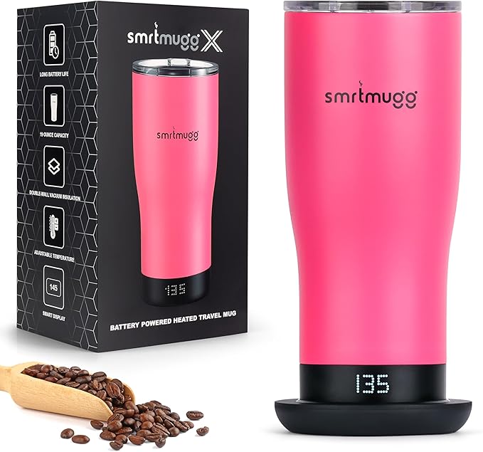 X Heated Coffee Mug 19 oz. 8 Hour Battery Life Self-Heating Adjustable Temp Controlled LCD Screen Includes Cover with Magnetic Slider (Pink)