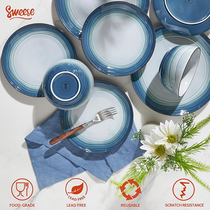 Sweese Porcelain Dinnerware Sets for 6 18 Pieces Ceramic Plates and Bowls Sets Handcrafted Minimalist Dinner Set Chip and Scratch Resistant Dish Set Dishwasher &amp Microwave Safe Ocean Blue
