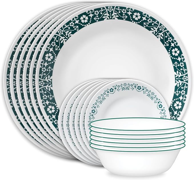 Corelle Vitrelle 18 Piece Glass Dinnerware Sets Service for 6 Triple Layer Chip &amp Crack Resistant Glass Plate and Bowl Sets Penelope