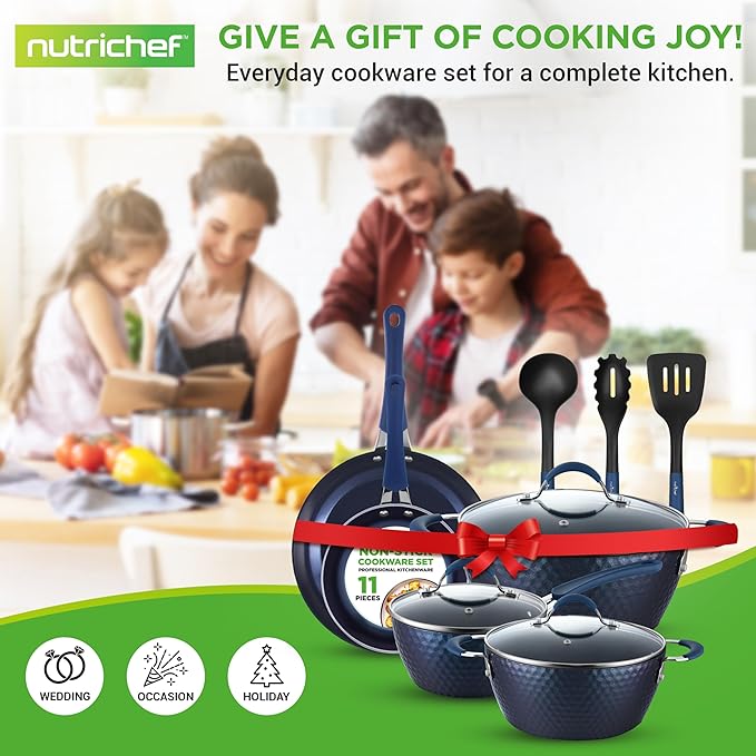 NutriChef 11 Piece Pots and Pans Set - Non Stick Cookware Set with Ceramic Coating Cool-Touch Handles Induction Ready Includes Lids and Utensils - Diamond Blue