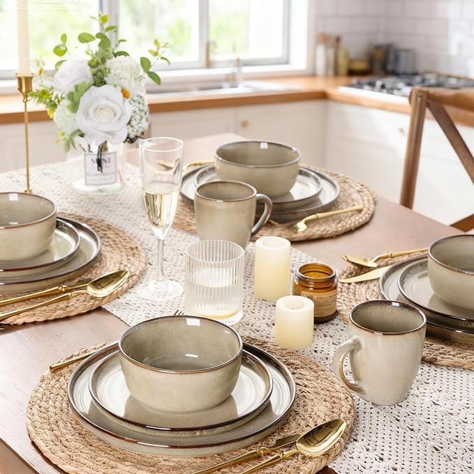 GBHOME Ceramic Dinnerware Sets for 4 12 Pieces Stoneware Plates and Bowls Sets Scratch Resistant Dishes Dishwasher &amp Microwave Safe Reactive Glaze