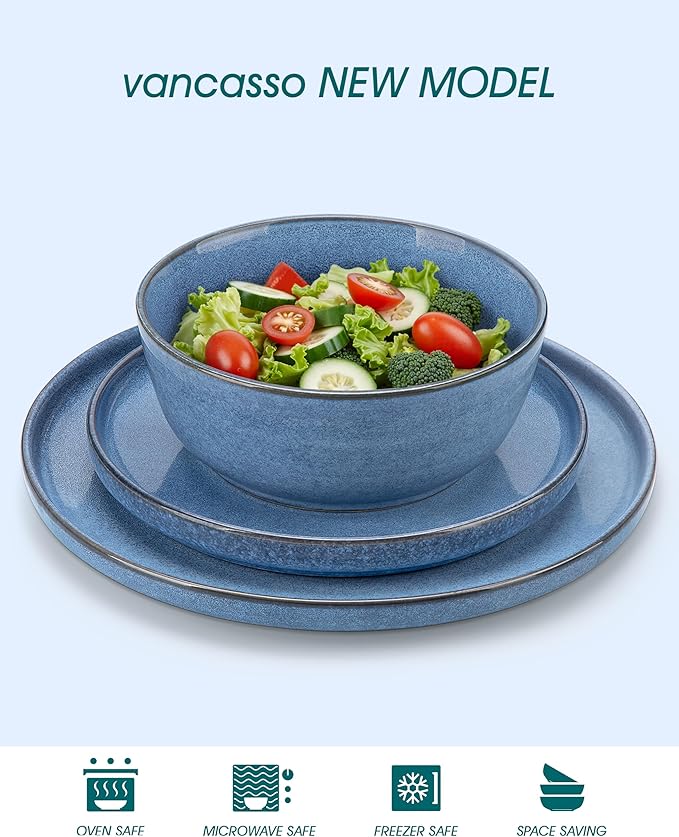 vancasso ANYA 18 Pieces Plates and Bowls Set Blue Dinnerware Sets Reactive Glaze Dishes Set for 6 Ceramic Dishware Sets Kitchen Dinner Set Microwave &amp Dishwasher Safe