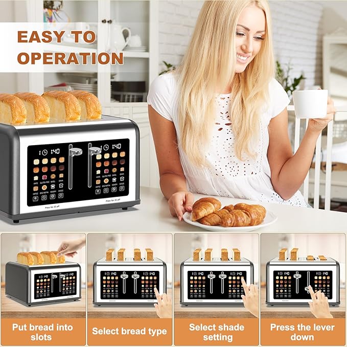 4 Slice Toaster Touch Screen Stainless Steel Toasters Digital Timer Dual Control Panel Toasters 8 Shade Settings 6 Bread Types for Bagel Cancel Defrost 1650W Grey