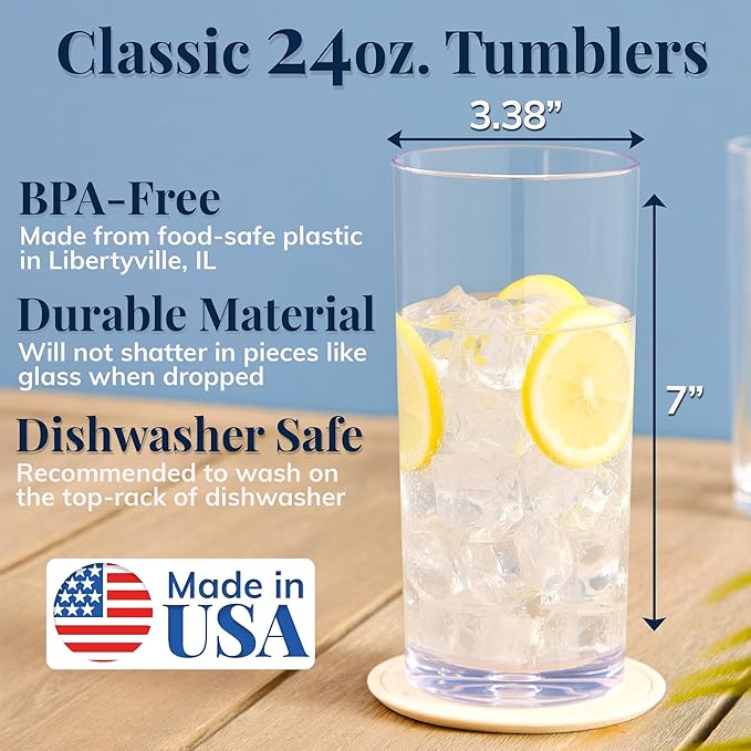 US Acrylic Classic Clear Plastic Reusable Drinking Glasses (Set of 6) 24oz Iced-Tea Cups | BPA-Free Tumblers Made in USA | Top-Rack Dishwasher Safe