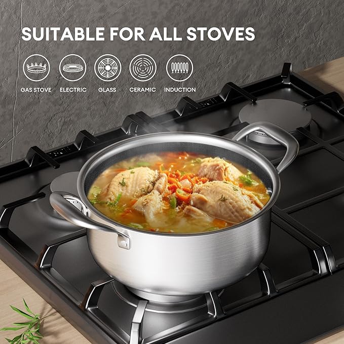 COOKER KING Stainless Steel 6 Pcs Pots Set 1.5 &amp 2QT Saucepan and 5-Quart Pots with Lids Non Stick Non Toxic Stay-Cool Handles Induction Oven Dishwasher Safe