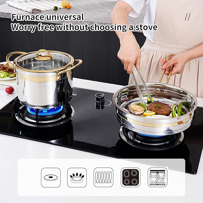 11-Piece Stainless Steel Pots and Pans SetPremium Stainless Steel Cookware - Induction Safe Non-Toxic Kitchen Cookware Set with Gold Stay Cool Handles Compatible with All Cooktops