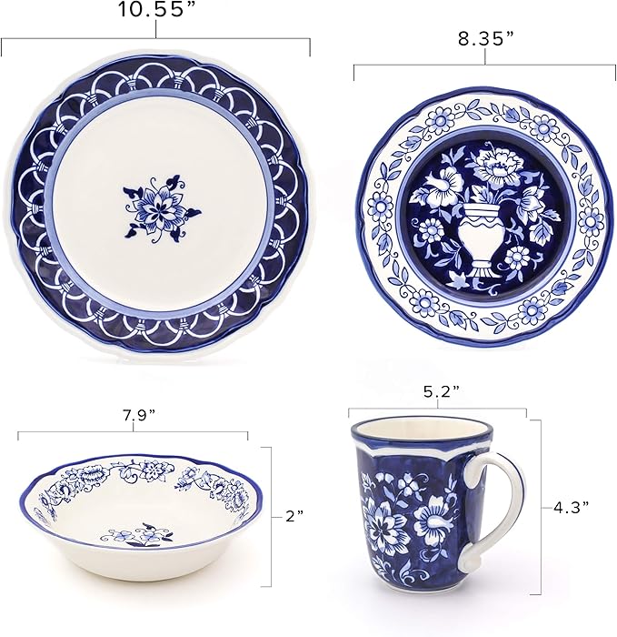 Euro Ceramica Blue Garden 16 Piece Oven Safe Hand Painted Stoneware Dinnerware Set Service for 4 Bold Vase Design/Floral Pattern White and blue