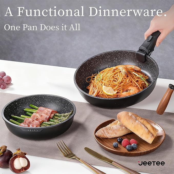 JEETEE Pots and Pans Set Non Stick 17pcs Kitchen Cookware Sets with Detachable Handle Induction Nonstick Cookware Set with Removable Handle Stackable RV Cookware Oven Safe PFAS/PFOA Free Black