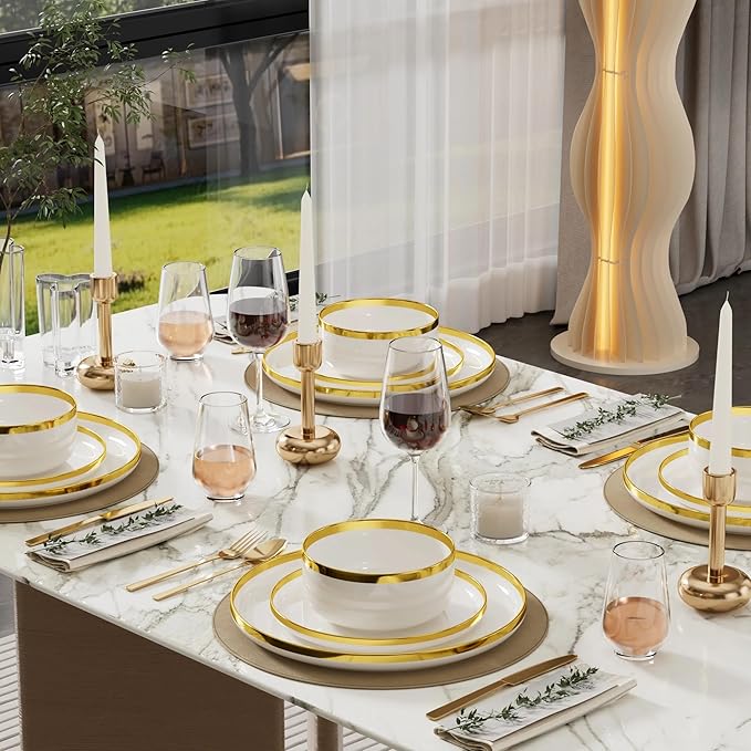 12-Piece Porcelain Dinnerware Set for 4 Kitchen Plates and Bowls Sets Handmade Ceramic Dish Set with Gold Rim White Non-Microwave &amp Non-Oven Safe