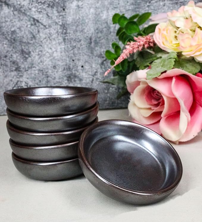 Ebros Gift Iron Black Clay Underglaze Technique Tetsu Kesho Porcelain Collection Dinnerware Serveware Kitchen Set Asian Japanese Restaurant Supply (Pack Of 6 Round Condiment Sauce Dishes 1.5oz)