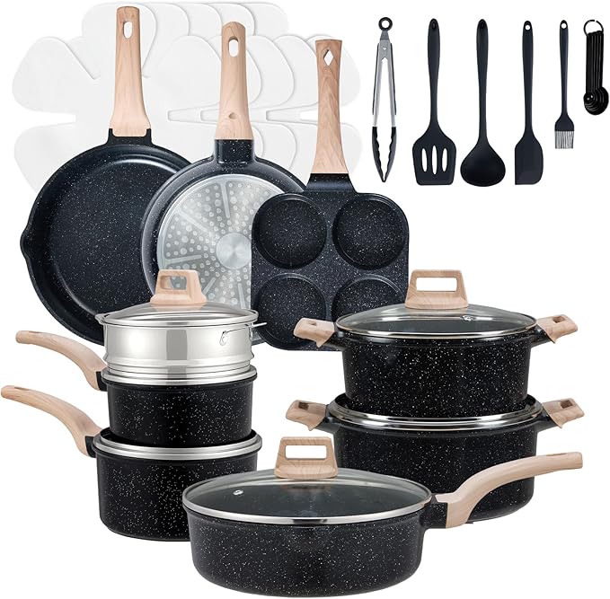 DUMOS 25 Pcs Pots and Pans Set Nonstick Kitchen Cookware Set Induction Cooking Sets with Stay-Cool Handles Black