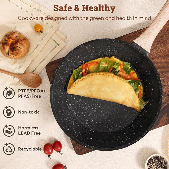 17 Pcs Pots and Pans Set Non Stick Kitchen Cookware Sets Nonstick Induction Cookware Non-toxic Black Granite Cooking Tools with Stay-Cool Handles Pot Protectors (PFOS/PFOA Free)