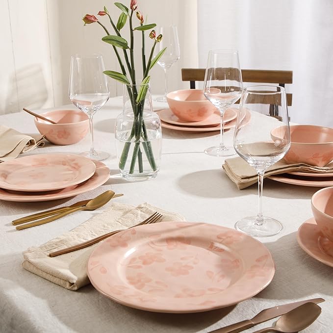 Bloomhouse - 2 Time Oprah's Favorite Things - Made in Portugal Hand Painted Dinnerware Set - Porto Petals 12 Piece (Service for 4) Floral Plates and Bowls Set - Blush Pink
