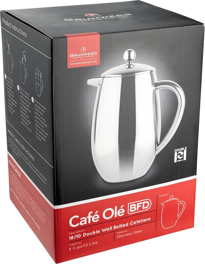 Café Ole BFD-06 6 Cup Double Walled Bellied Cafetiere French Press Coffee Maker Mirror 0.8 Litre Stainless Steel