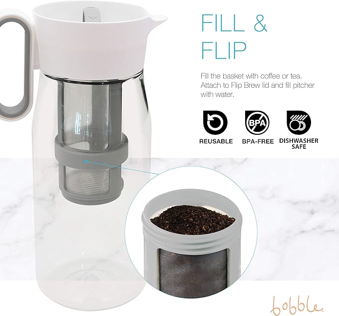 Flip Brew by Zing Anything Instant Iced Tea Maker Cold Brew Coffee Maker Two-in-One Cold Brew Coffee or Tea Maker Multi-Purpose Pitcher Dishwasher Safe BPA/EA Free Tritan 48 oz. White