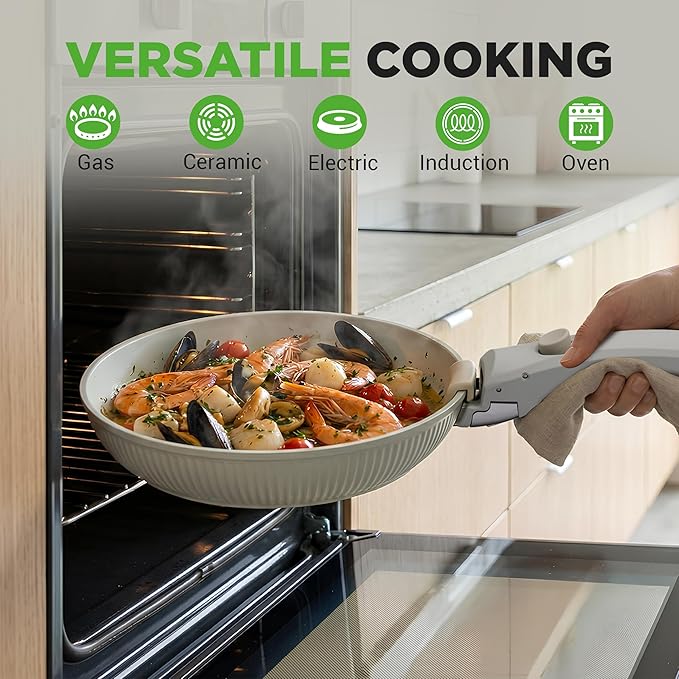 NutriChef 18-Piece Ceramic Cookware Set with Detachable Handles Non Stick Pots and Pans PTFE-Free Natural Ceramic Coating Space-Saving Design Oven &amp Stove Safe Includes Utensils Green