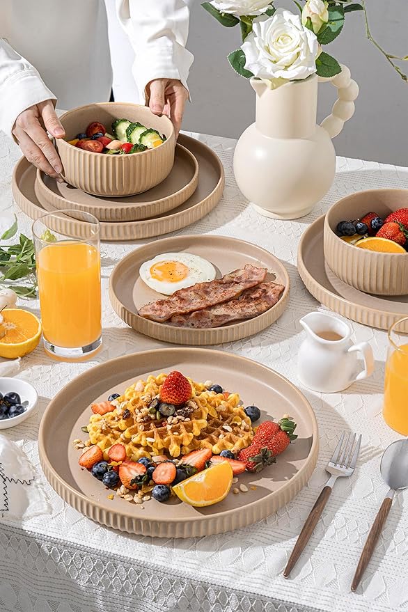 Natural Stoneware Dish Set18 Piece Plates and Bowls Sets in Warm Beige – Dinnerware for 6 for Warmhearted Homes &amp Everyday Harmony