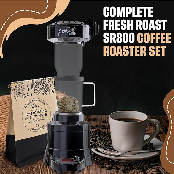 Fresh Roast SR800 Coffee Roaster Bundle – Home Coffee Roasting Machine with Glass Extension Tube Bean Cooler &amp Green Coffee Samples