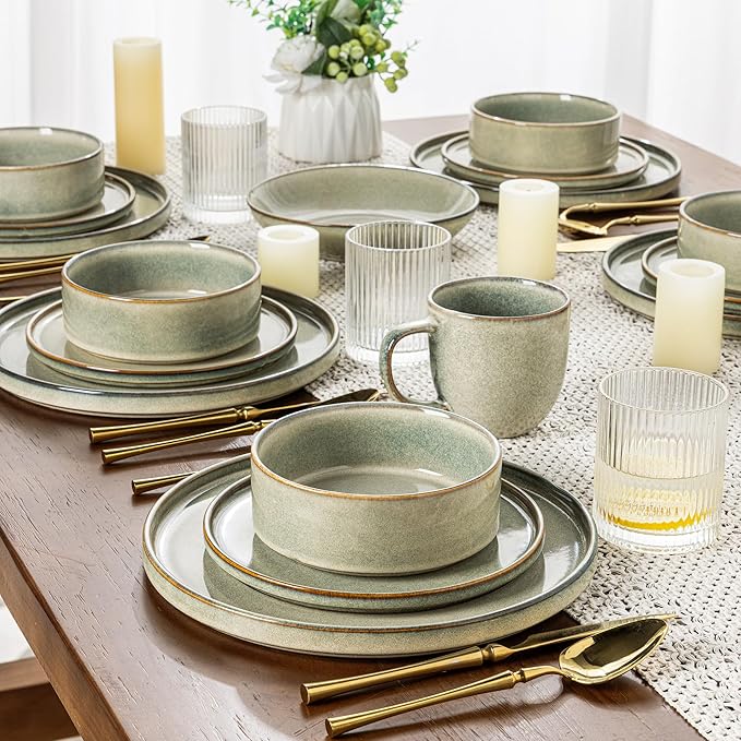 AmorArc Ceramic Dinnerware Sets Handmade Reactive Glaze Stoneware Plates and Bowls SetsHighly Chip and Crack Resistant | Dishwasher &amp Microwave Safe Dishes Set Service for 4 (12pc)
