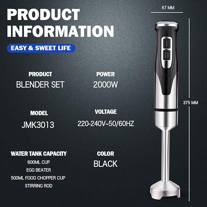 Stainless Steel Hand Blender 4-in-1 Immersion Blender 2000W 2 Speeds BPA-Free Beaker Ideal for Mashed Potatoes Creams Mayonnaise