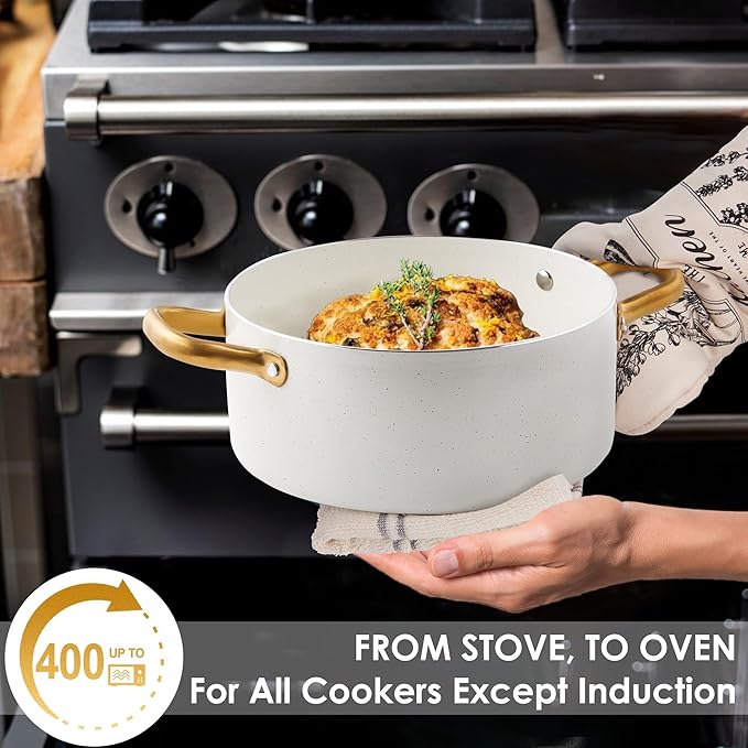 Ceramic Cookware Set VONIKI 16 Pcs Pots and Pans Set Non Stick Kitchen Cookware Sets with Cooking Utensils Set Non Toxic Cookware Set White Gold Pan Set for Cooking Pot Oven &amp Dishwasher Safe