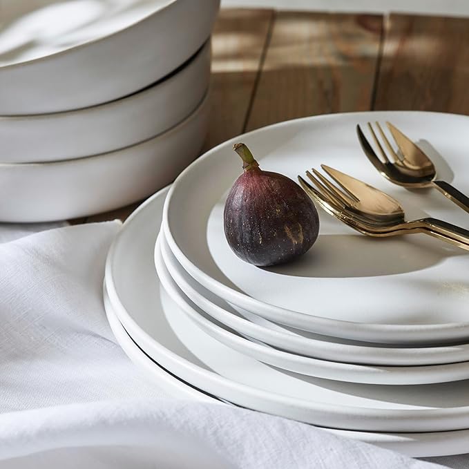 Porto by Stone Lain Macchio 12-Piece Premium Kitchen &amp Dining Dinnerware Set Stoneware White Matte Crafted in Portugal Dishwasher and Microwave Safe Scratch-Resistant Dish Set for 4