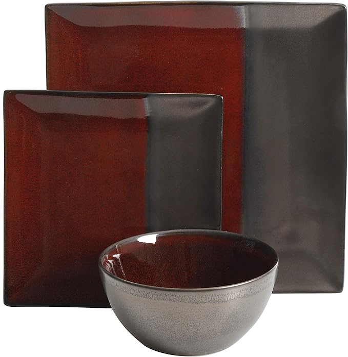 Gibson Elite Decadence 12 Piece Reactive Glaze Dinnerware Set Service for 4 Red with Reactive Metallic Color -