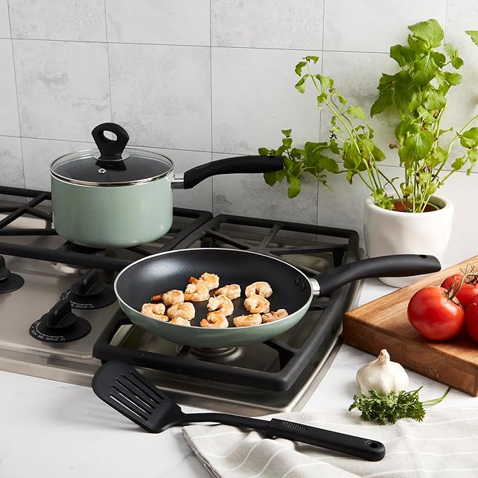 Basic Essentials 4-Piece Nonstick Aluminum Starter Cookware Set Fry Pan Skillet Saucepan Pot with Glass Lid and Nylon Spatula Turner Sage