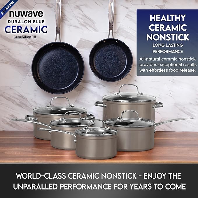 Nuwave Healthy Duralon Blue Ceramic Nonstick Cookware Set Diamond Infused Scratch-Resistant PFAS Free Dishwasher &amp Oven Safe Induction Ready &amp Evenly Heats Tempered Glass Lids &amp Stay-