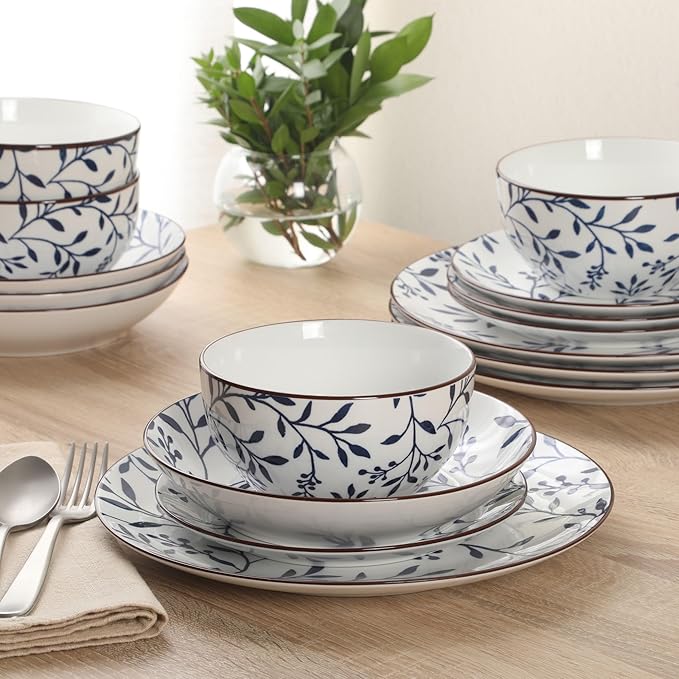 Gibson Home Palace Suite 16-Piece Dinnerware Set Blue Floral Stoneware Plates &amp Bowls Service for 4 Round Durable Everyday Dish Set