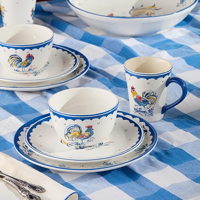 French Rooster Ceramic 16‑Piece DINNERWARE SETSERVICE for FOUR with dinner plates salad plates mugs and ice cream bowls featuring classic blue and multicolor rooster motifs