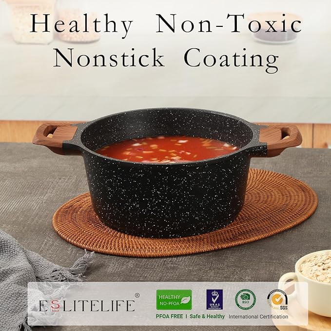 ESLITE LIFE Nonstick Cookware Sets 12 Pcs Granite Coating Pots and Pans Set Kitchen Cooking Set Compatible with All Stovetops (Gas Electric &amp Induction) PFOA Free Black