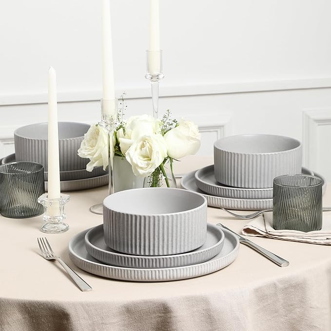 Stone Lain Haven Stoneware 16-Piece Dinnerware Set Grey -Plates and Bowls Sets for 4 Dish Set Includes Dinner and Salad Plates Pasta and Cereal Bowls Microwave &amp Dishwasher Safe