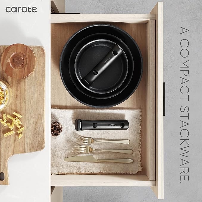 CAROTE 19Pcs Pots and Pans Set Non Stick Cookware Set Detachable Handle Nonstick Induction Kitchen Sets Non Stick with Removable Handle RV Cook Ware Oven Safe Black