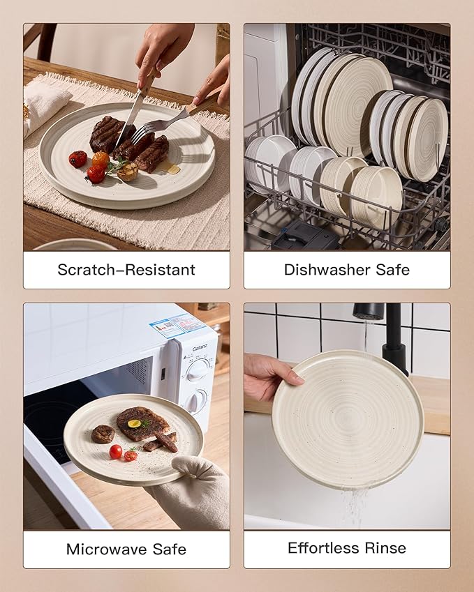 Stoneware Dinnerware Sets Plate and Bowl Sets for 4 12 Pieces Spiral Straight Dishware with Speckles and Reactive Glaze Microwave Dishwasher Safe Family Tableware Shell Beige