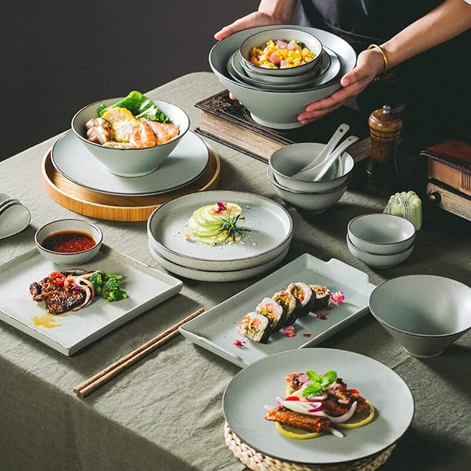 Ceramics Dinner Set 30 Pieces Vintage Stoneware Dinnerware Sets | Porcelain Steak Plate and Cereals Bowls Microwave Safe