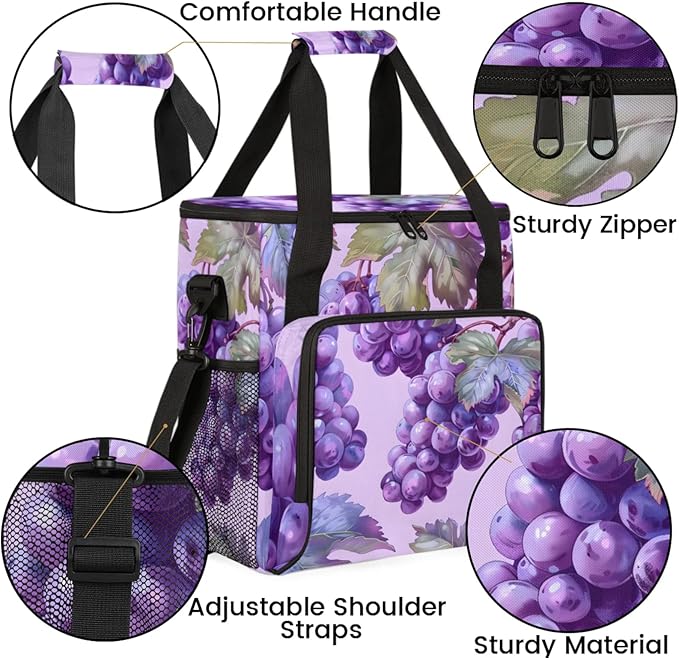 Grape Print Coffee Maker Travel Bag for Keurig K-Mini/K-Mini Plus Insulated Waterproof Tote with Pockets for K-Cup Portable Single-Serve Brewer Case