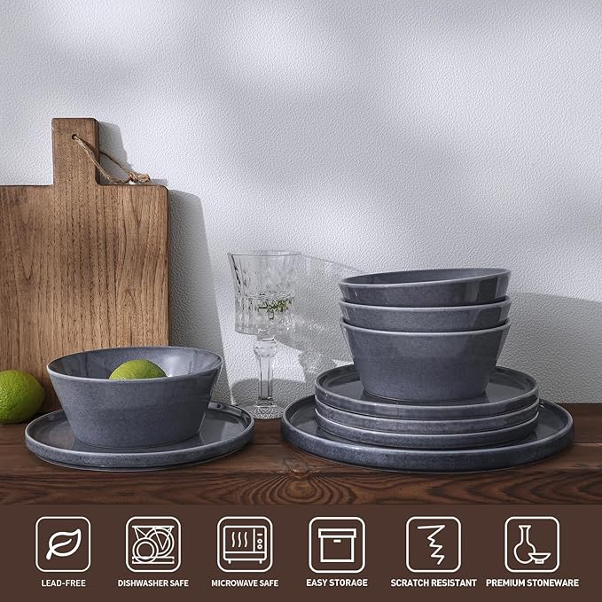 Famiware Annecy Dinner Plates and Bowls Sets Stoneware Dinnerware Sets Dishes Set for 6 18 Pieces Handmade Dishware Set - Microwave &amp Dishwasher Safe Double Reactive Glaze Tableware Misty-Blu
