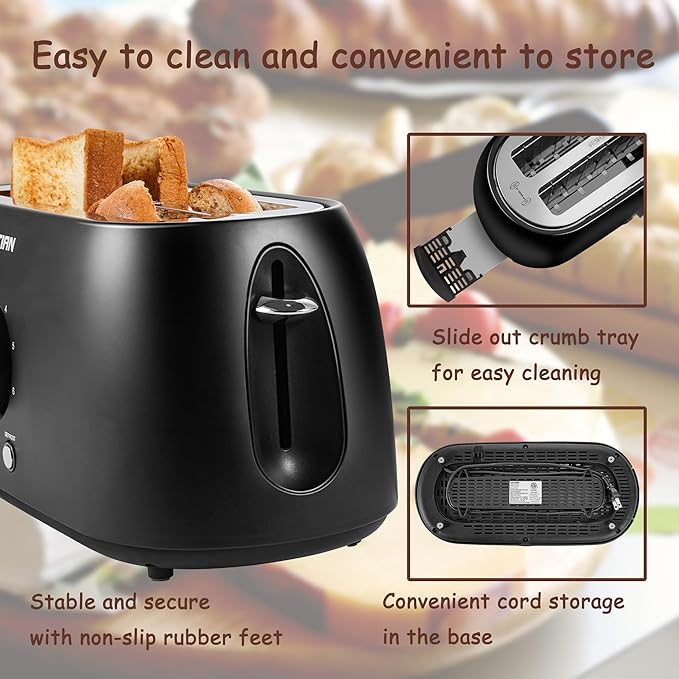 Toaster 4 SliceKOTIAN Retro Long Slot Toasters with Countdown TimerStainless Steel ToasterBagelDefrostReheatCancel FunctionsExtra Wide Slots6 Toast SettingsRemovable Crumbs TrayMatte black