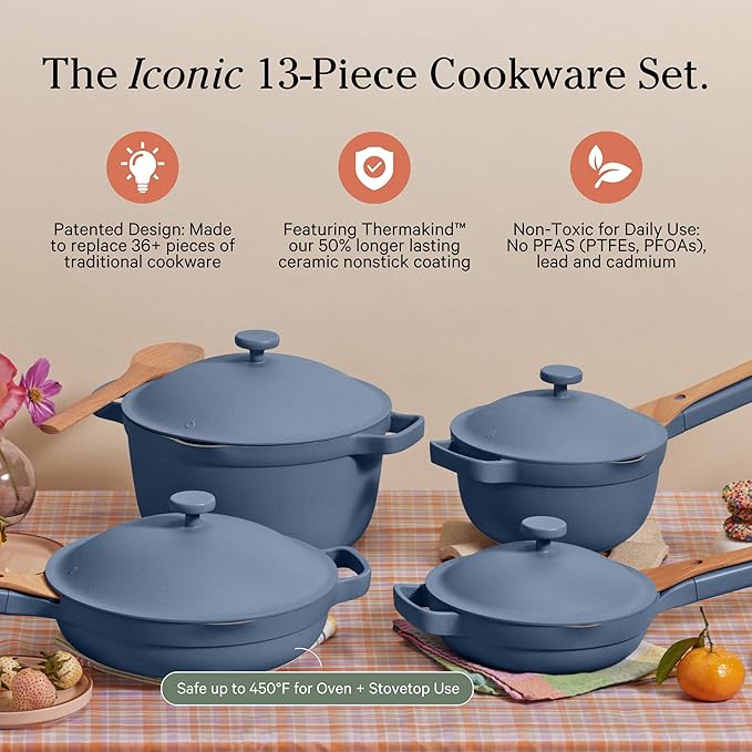 Our Place Cookware Set - Complete 13-Piece Set Including Always Pan 2.0 Mini Always Pan Perfect Pot and Mini Perfect Pot | Multifunctional Toxin-Free Nonstick | Replaces 36 Pieces | Blue Salt
