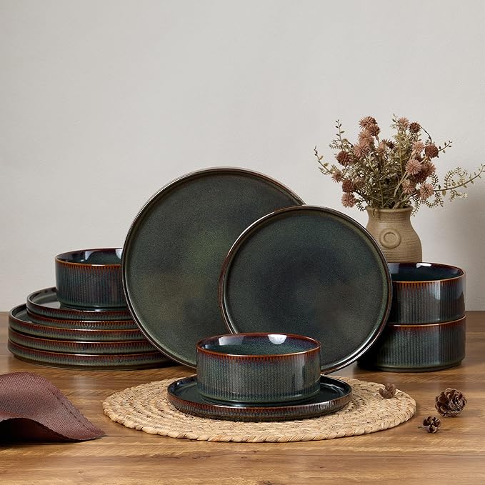 E-far 12-Piece Plates and Bowls Sets Stoneware Dinnerware Dishes Sets for 4 Kitchen Modern Dining Dishware Chip &amp Scratch Resistant Microwave &amp Dishwasher Safe Blackish Green