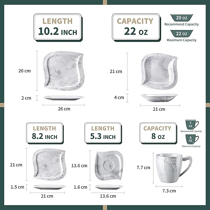 MALACASA FLORA 30 Piece Marble Grey Square Dinnerware Sets Bundle With ELVIRA 30 Piece Grey Dinner Set