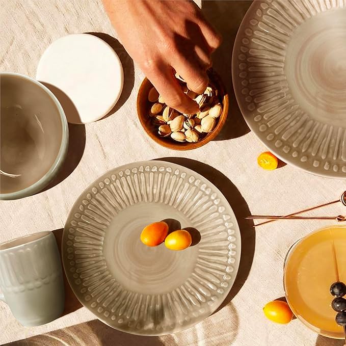Artesa Color Full Macao Taupei Ceramic Dinnerware Handmade Set 4-Piece Beige Sunburst Pattern 11.4 inch Dinner Plates 7.8 inch Salad Plates Bowls and Cups Microwave Safe
