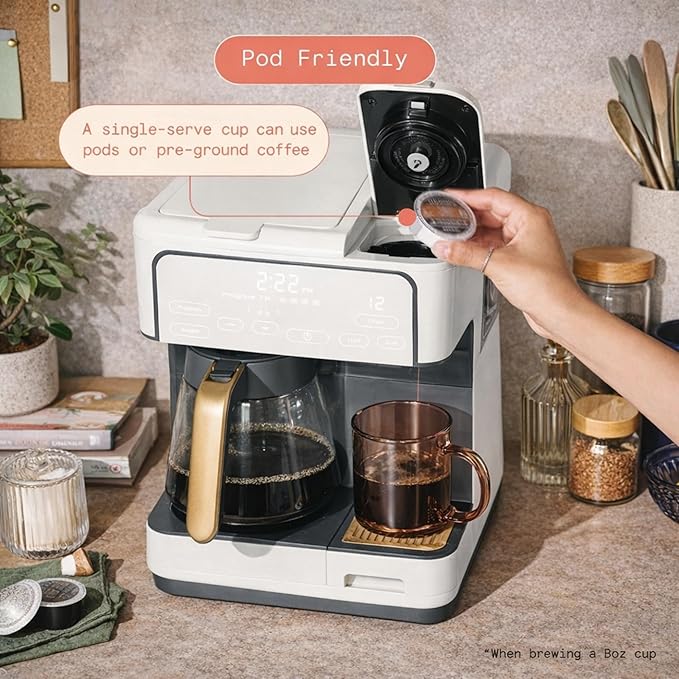 Multi Brew Coffee Maker with Single Serve and Carafe Brewing Options for Countertop Home Use (White Icing)