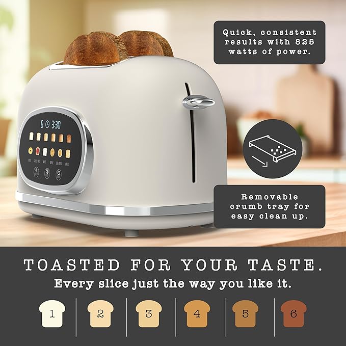 Rae Dunn Retro Digital Electric Toaster 2 Slice Stainless Steel Toaster With Touchscreen Countdown Timer 6 Shade Settings Wide Slots High Lift Lever Bagel Defrost &amp Reheat Digital Cream